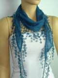 Petrol Blue Teal fringed edge scarf - Scarf with Lace Fringe