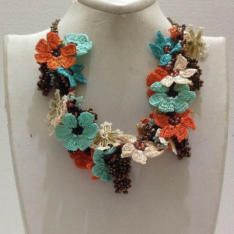 Orange, Blue and White Bouquet Necklace with Copper Grapes - Crochet OYA Lace Necklace