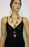10.29.20 Sour Cherry Pink, Green and White Crochet beaded flower lariat necklace with green Stones