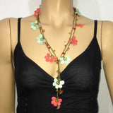 10.29.18 Pomegranate Flower and Aqua Green Crochet beaded flower lariat necklace with Agate Stones