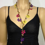 10.29.14 Yellow,Burgundy and Purple Crochet beaded flower lariat necklace with Agate Stones