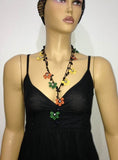 10.29.17 Yellow,Burnt Orange and Green Crochet beaded flower lariat necklace with Onyx Stones