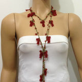 RED Crochet grapes bead oya - Berry Necklace - Beaded Lariat -  Necklace Lariat Necklace