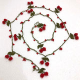 CORAL Red Crochet berries cherry bead oya Lariat Necklace - Red Cherry Crocheted Necklace