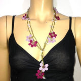 10.29.21 Lilac,Sour Cherry and Pink Crochet beaded flower lariat necklace with Pink Stones
