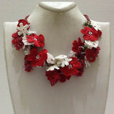 Red and White Bouquet Necklace with Pink Grapes - Crochet OYA Lace Necklace