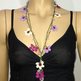 10.29.15 Crochet beaded flower lariat necklace - Lilac, Cream and Plum