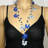 10.29.13  Ice BLUE and Indigo Blue Crochet beaded flower lariat necklace with Lapis Lazuli Stones