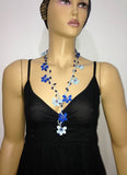10.29.13  Ice BLUE and Indigo Blue Crochet beaded flower lariat necklace with Lapis Lazuli Stones