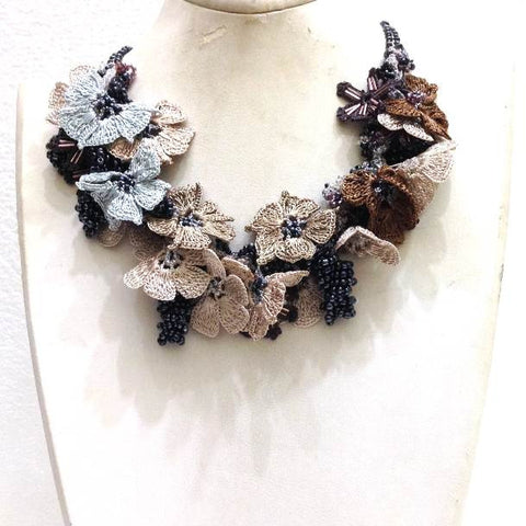 Ice Blue and Earth Tones Bouquet Necklace - Crochet OYA Lace Necklace