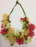 Pomagranate Pink, Green and Yellow Bouquet Necklace -  Crochet OYA Lace Necklace