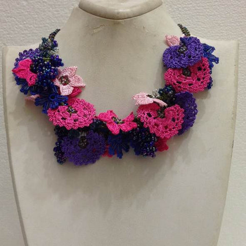 Hot Pink, Purple and Night Blue Bouquet Necklace -  Crochet OYA Lace Necklace