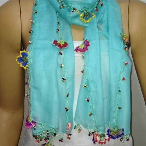 Crocheted Aqua GREEN scarf with handmade multi color oya flowers - Ice blue Scarf - Beaded Scarf - Crochet Beaded Scarf