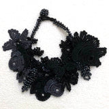 Black Bouquet Bracelet with Charcoal Grey Beads - Crochet OYA Lace Bracelet