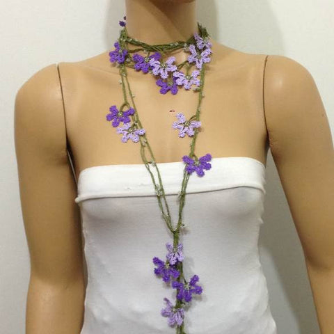 Lilac and Purple Crochet Necklace - Beaded lariat - Crochet oya lace Necklace