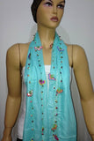 Crocheted Aqua GREEN scarf with handmade multi color oya flowers - Ice blue Scarf - Beaded Scarf - Crochet Beaded Scarf