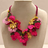 Fuchsia Pink and Yellow Bouquet Necklace -  Crochet OYA Lace Necklace