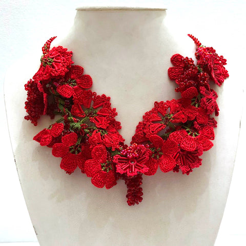 Pomegranate RED with Red Grapes - Crochet OYA Lace Necklace