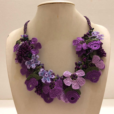Purple, Pink and Lilac Bouquet Necklace with purple Beads - Crochet OYA Lace Necklace
