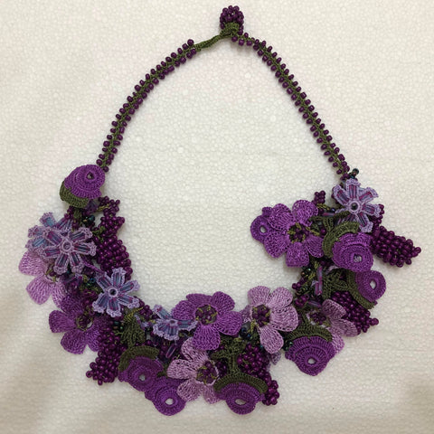 Vintage Purple Elegance Necklace with Hand Painted Floral Beads,  Lightweight Plastic Flowers with Gold Tone Spacers, Pastel Coquette Cottage