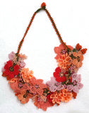 Orange Pink Salmon Bouquet Necklace with Orange Cherries - Crochet OYA Lace Necklace