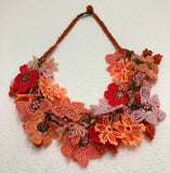 Orange Pink Salmon Bouquet Necklace with Orange Cherries - Crochet OYA Lace Necklace