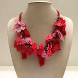 Coral,Pink and Fucshia Bouquet Necklace with Coral Grapes - Crochet OYA Lace Necklace