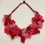 Coral,Pink and Fucshia Bouquet Necklace with Coral Grapes - Crochet OYA Lace Necklace