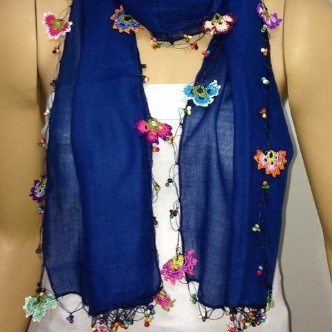 Crocheted INDIGO BLUE scarf with handmade multi color oya flowers - Cobalt blue Scarf - Beaded Scarf - Crochet Beaded Scarf