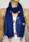 Crocheted INDIGO BLUE scarf with handmade multi color oya flowers - Cobalt blue Scarf - Beaded Scarf - Crochet Beaded Scarf
