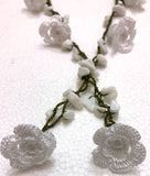 White Crochet oya TULIP lace necklace with white stones