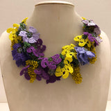 Yellow and Purple Bouquet Necklace with Gold Grapes - Crochet OYA Lace Necklace