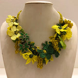 Yellow and Green Bouquet Necklace with Gold Grapes - Crochet OYA Lace Necklace