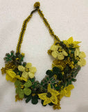 Yellow and Green Bouquet Necklace with Gold Grapes - Crochet OYA Lace Necklace