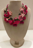 Pink and Fucshia Bouquet Necklace with Fucshia Cherries - Crochet OYA Lace Necklace