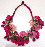 Pink and Fucshia Bouquet Necklace with Fucshia Cherries - Crochet OYA Lace Necklace