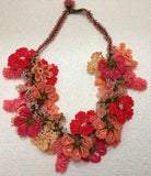 Pink Salmon Yellow Bouquet Necklace with Pink Grapes - Crochet OYA Lace Necklace