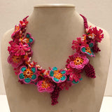 Turquoise andHot Pink Bouquet Necklace with Fucshia Grapes - Crochet OYA Lace Necklace