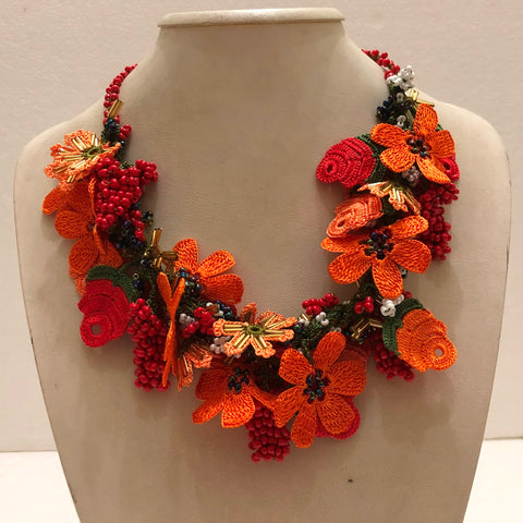 Orange Bouquet Necklace with Coral Grapes - Crochet OYA Lace Necklace