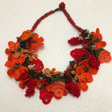 Orange Bouquet Necklace with Coral Grapes - Crochet OYA Lace Necklace
