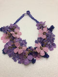 Pink,Lilac and Purple Bouquet Necklace with Bluish Purple Grapes - Crochet OYA Lace Necklace