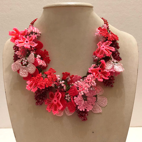Coral,Pink and Fucshia Bouquet Necklace with Pink Grapes - Crochet OYA Lace Necklace