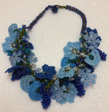 Light Blue and Dark Blue Bouquet Necklace with Blue Grapes - Crochet OYA Lace Necklace
