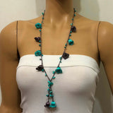 Turquoise and Grey Crochet oya TULIP lace necklace with turquoise stones