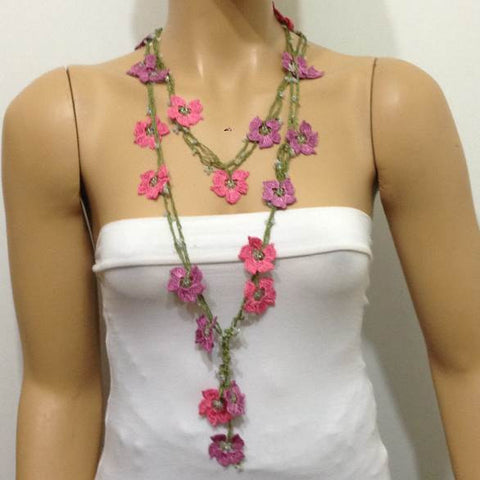 Pink and purplish Pink Crochet Necklace - Beaded lariat - Crochet oya lace Necklace