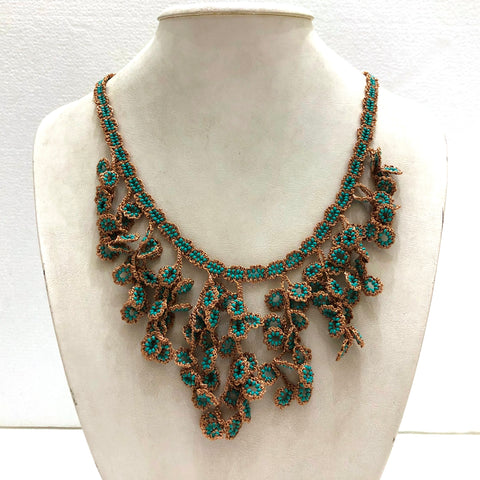 Taupe with Turquoise Beads - Cappadocia Choker Necklace with Dangling Crocheted Bead Flower Oya