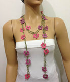 Pink and purplish Pink Crochet Necklace - Beaded lariat - Crochet oya lace Necklace