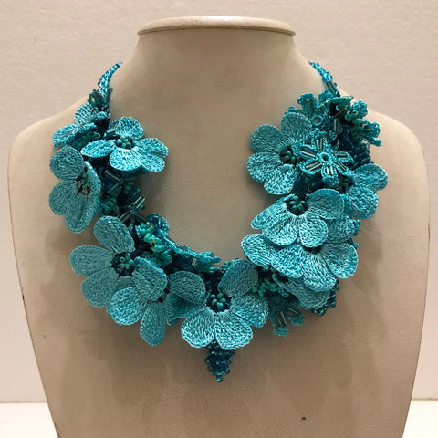 Turquoise Bouquet Necklace with Blue Grapes - Crochet OYA Lace Necklace
