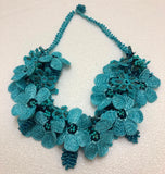 Turquoise Bouquet Necklace with Blue Grapes - Crochet OYA Lace Necklace