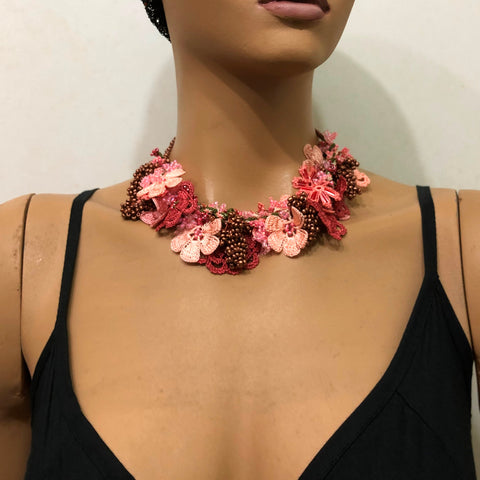 Salmon and Rose Bouquet Necklace with Copper Grapes- Crochet OYA Lace Necklace